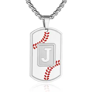 Baseball Initial A-Z Dog Tag Necklace for Men Baseball Charm Pendant Stainless Steel Chain 22+2 Inches Personalized Sports Athletes Jewelry Baseball Gift for Men