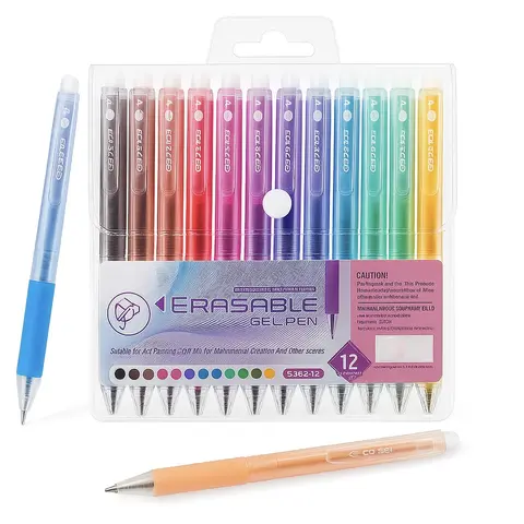 12-Piece Erasable Gel Pen Set - Vibrant Colored Pens for Adult Coloring Books, Drawing, Waterproof Office Stationery Writing Tool