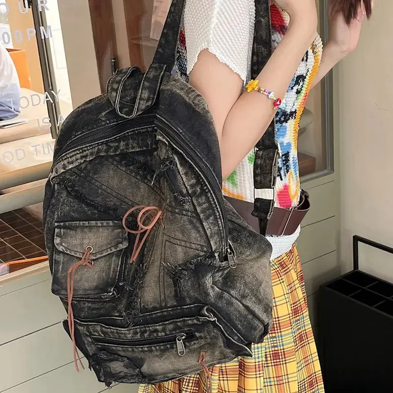 Washed Denim Womens Backpack Large Capacity Y2K Hot Fashion Designer Big Travel Bag Girls Daypack Bagpack Casual Commuter Bag