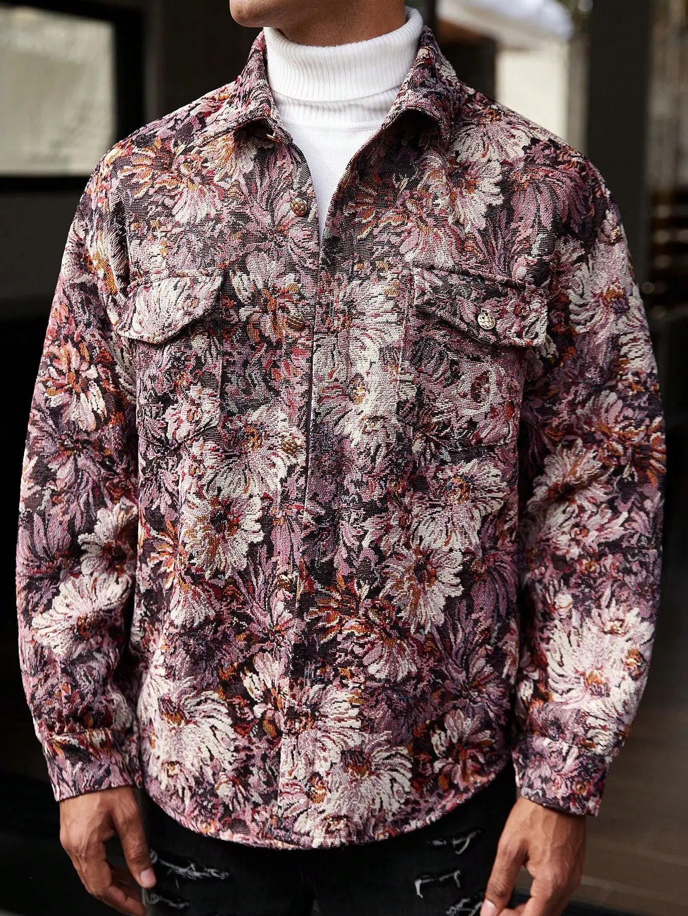 Unisex oil painting floral jacquard workwear shirt jacket – all over print, textured jacquard fabric, dual chest patch pockets, metal button closure, dropped shoulders, relaxed fit, American retro vintage street style for fall/winter outings & vacations