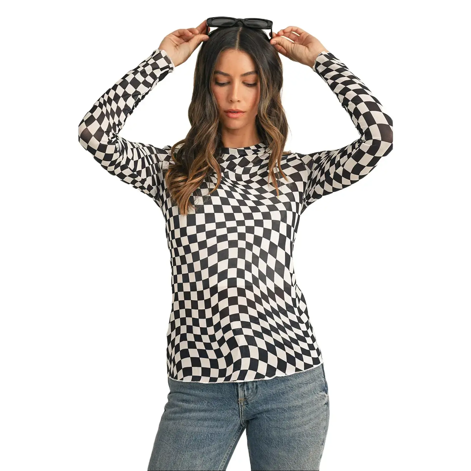 Black Checkered Pattern Mesh Long Sleeve Top