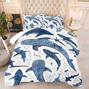 Watercolor Shark Print Comforter Set - Durable Material Comfy Bed Sets, 1 Quilt + 1/2 Pillowcases, Ocean Themed Bedding for Kids & Marine Life Fans, Ideal for Bedrooms, Dorms & Guest Rooms, Trendy Bedroom Decor