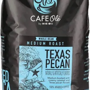 Cafe Olé by H-E-B Roasted Whole Bean Coffee Texas Pecan Medium Roast 32 oz Bag 100% Arabica Beans Naturally & Artificially Flavored Beverage Caramel Cinnamon Chocolate Vanilla Cocoa