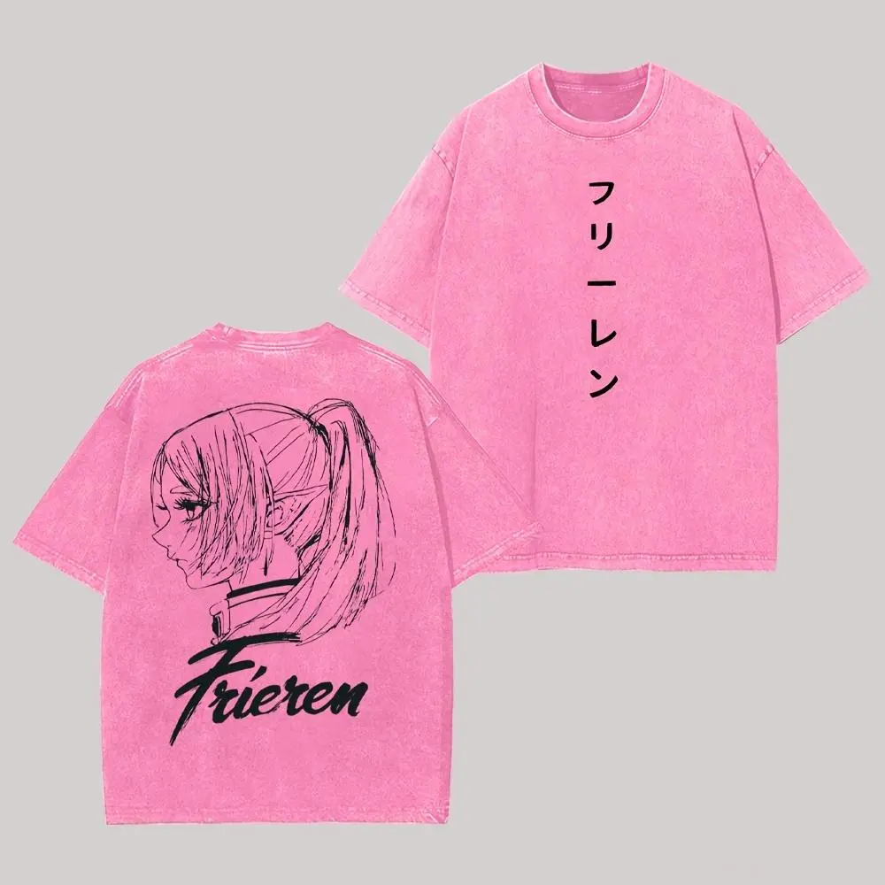 Men's Cotton T-Shirt with Frieren Beyond Journey's End Graphic, Vintage Distressed-Wash Casual Round Neck Top, Sport, Tshirt, Figure Print