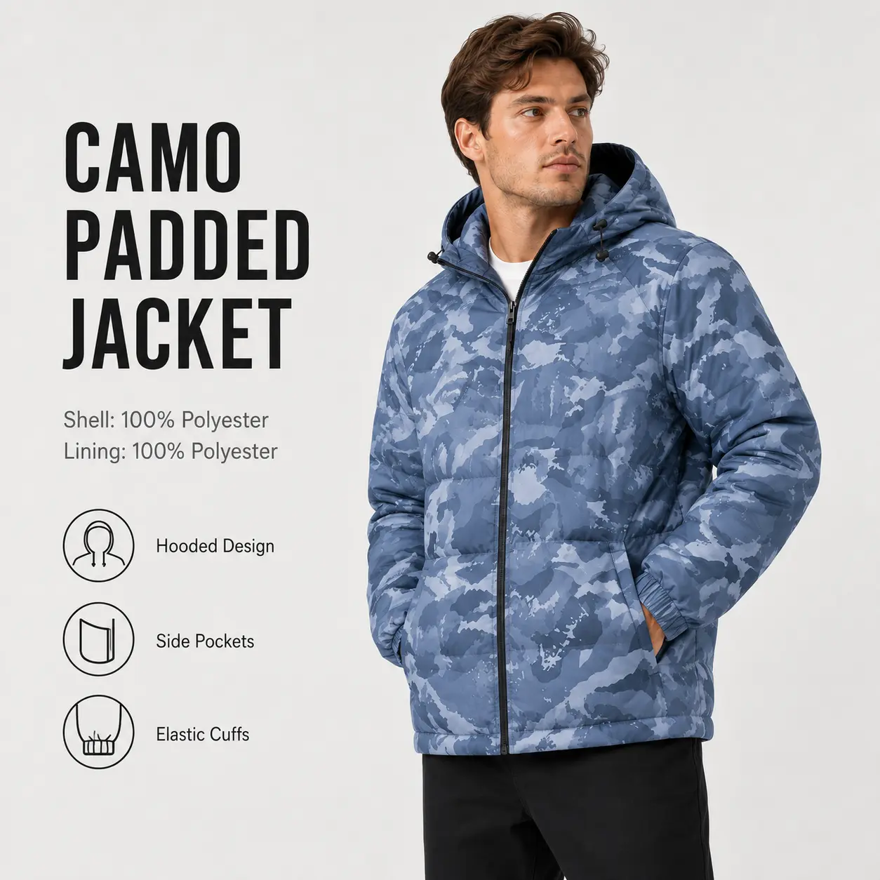 Men’s Camo Hooded Jacket Warm Padded Winter Coat Full Zip Casual Outdoor Jacket with Pockets for Hiking Camping Travel Streetwear