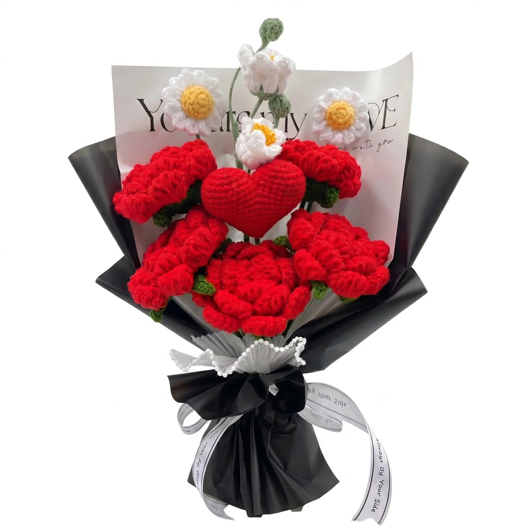 Completed Crochet Flowers Bouquet (Red Rose with Heart)