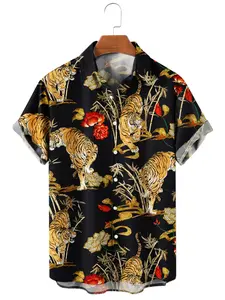 Majestic Golden Tiger Hawaiian Shirt, Japanese Style Ukiyoe Sea Wave Beachwear, Retro Animal Print Summer Button Down, Aloha Party Outfit for Adults and Youth