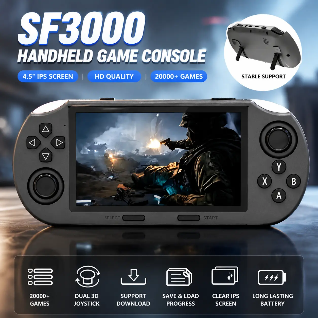 Handheld Game Console for Boys Girls SF3000 20000+ Games 14 Emulators 4.5" IPS Screen Retro Portable Gaming System 3000mAh Battery Compact Design Classic Games Kids Birthday Gift