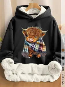 Women's Cute Highland Cow with Plaid Scarf Printed Hoodie, Long Sleeves, Warm Faux Fur Lined, Unisex for Autumn and Winter Wear