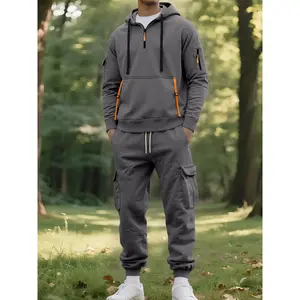 Men's Fall & Winter Hooded Casual Tracksuit Set: featuring a zip-front hooded design, cargo pants with multiple pockets, and warm long-sleeve jacket paired with pants. Ideal for cold weather wear.