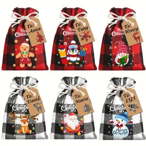 12/18pcs Christmas Burlap Gift Bags, Buffalo Plaid Drawstring Bags, Jute Treat Candy Goodies Bags with Tags, Xmas Favors Supplies