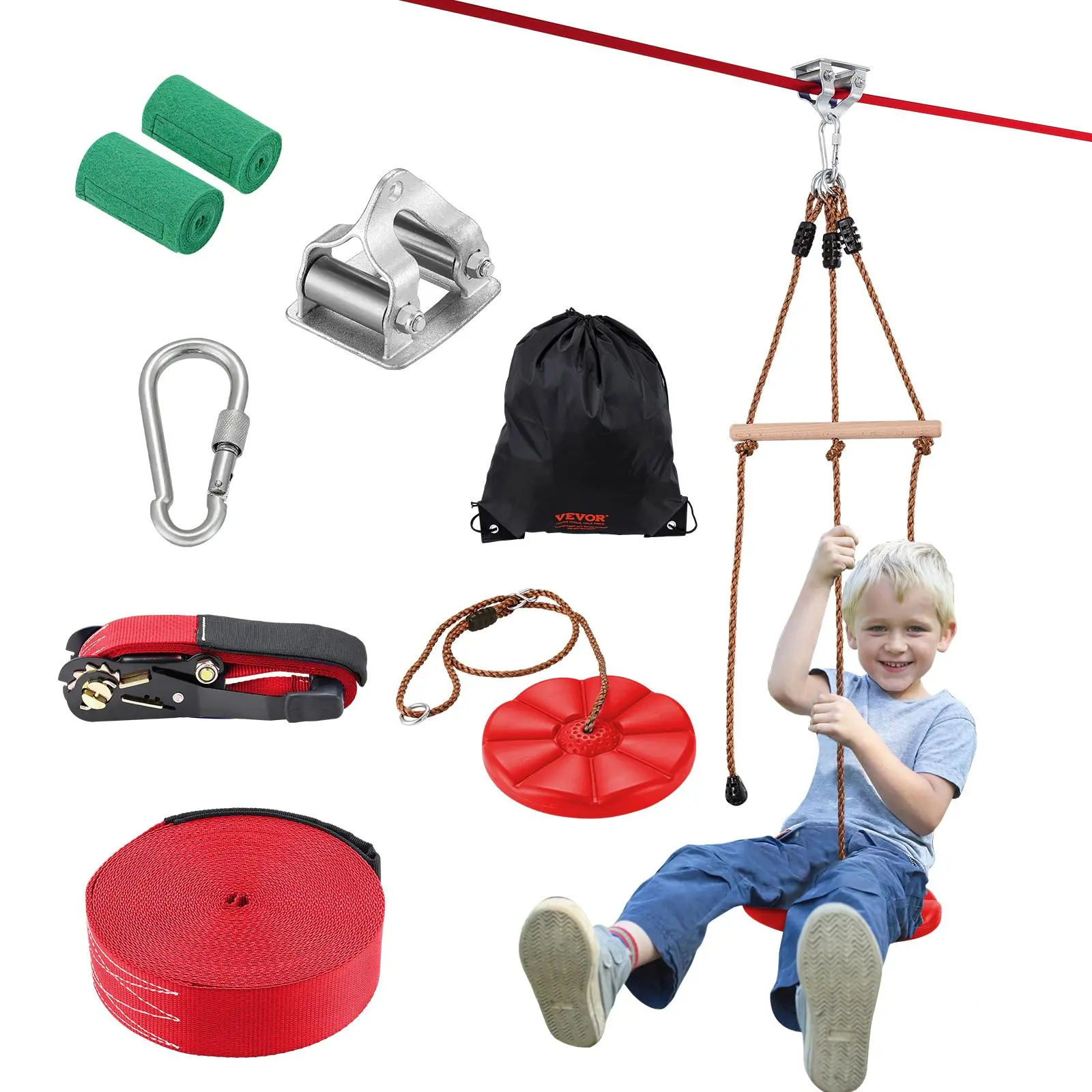 VEVOR Zipline Kit for Kids and Adult,  65 ft Zip Line Kits Up to 500 lb, Backyard Outdoor Quick Setup Zipline, Playground Entertainment with Zipline, Nylon Safety Harness, Seat, and Handlebar