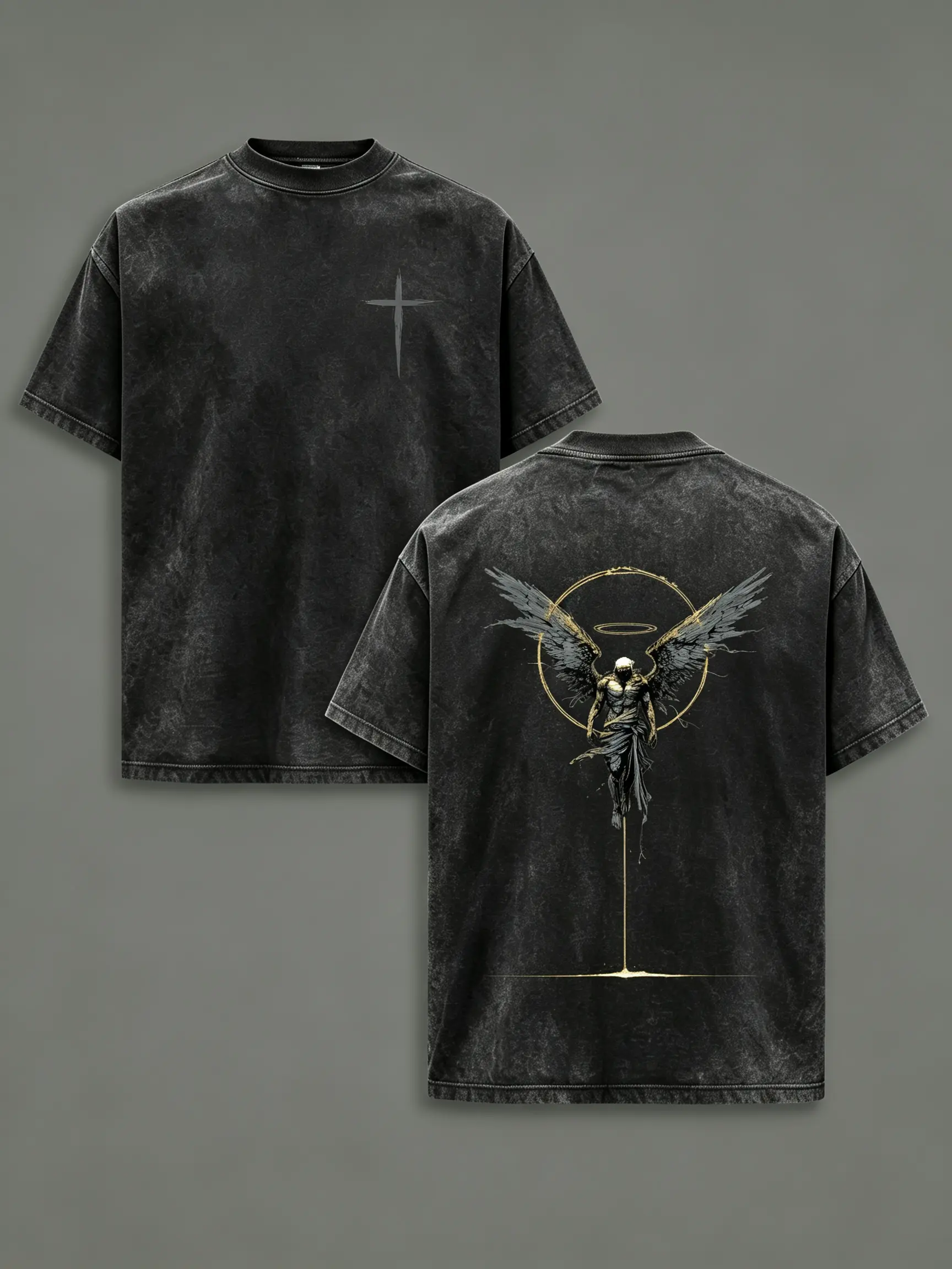 ARCHANGEL OF REPENTANCE T-Shirt Acid Wash Pump Cover Fallen Angel Double Printed Heavy Cotton Unisex Crusader Armor Graphic Tee, Vintage Cross Shirt, Medieval Warrior Streetwear,Gothic ，humorous tshirt menFaith Oversized Tee Crewneck Menswear
