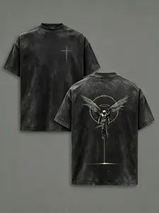ARCHANGEL OF REPENTANCE T-Shirt Acid Wash Pump Cover Fallen Angel Double Printed Heavy Cotton Unisex Crusader Armor Graphic Tee, Vintage Cross Shirt, Medieval Warrior Streetwear,Gothic ，humorous tshirt menFaith Oversized Tee Crewneck Menswear