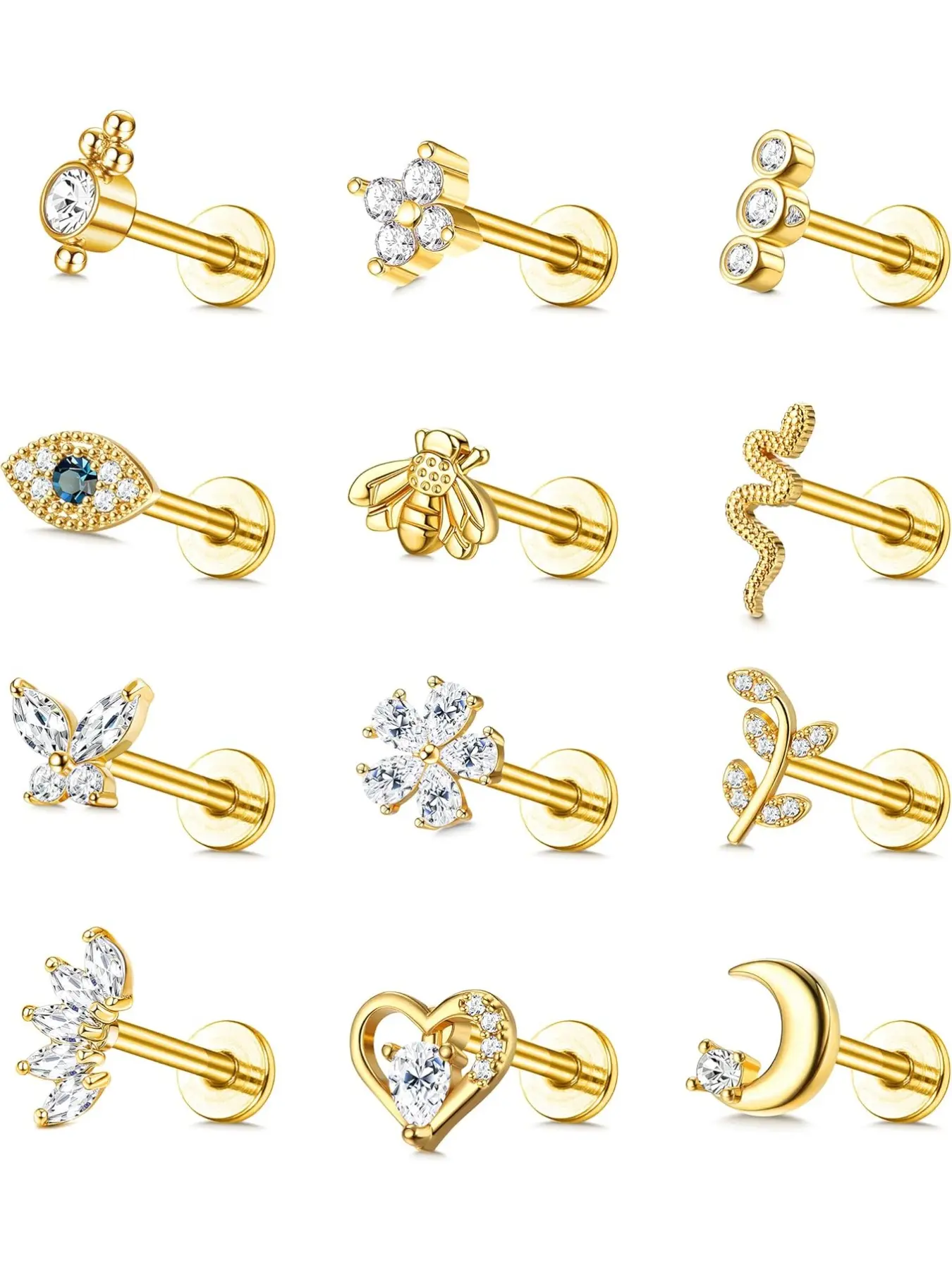 12Pcs 16G Cartilage Stud Earring Stainless Steel Top Screw Flat Back Earrings Bee Butterfly Snake Evil Eye Moon Heart CZ Cartilage Earrings Nose Rings Studs Conch Helix Tragus Piercing Jewelry, Spiral Bridge Jewelry
