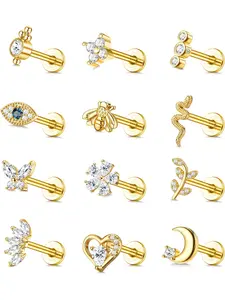 12Pcs 16G Cartilage Stud Earring Stainless Steel Top Screw Flat Back Earrings Bee Butterfly Snake Evil Eye Moon Heart CZ Cartilage Earrings Nose Rings Studs Conch Helix Tragus Piercing Jewelry, Spiral Bridge Jewelry