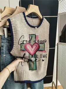 1 piece + Spring/Summer Back-to-School Casual Style Loose Round-neck Sleeveless Vest Knitted Dark Blue Embroidered Contrasting Heart Patchwork English Print Valentine's Day Women's Knitted Outwear Women's Outfit, paired with a jacket, can be worn alone
