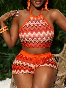 Women's Wave Pattern Halter Neck Top Set, Matching Shorts Set, Adjustable Drawstring Shorts, Summer Holiday Casual Beachwear, 2 Piece Outfit