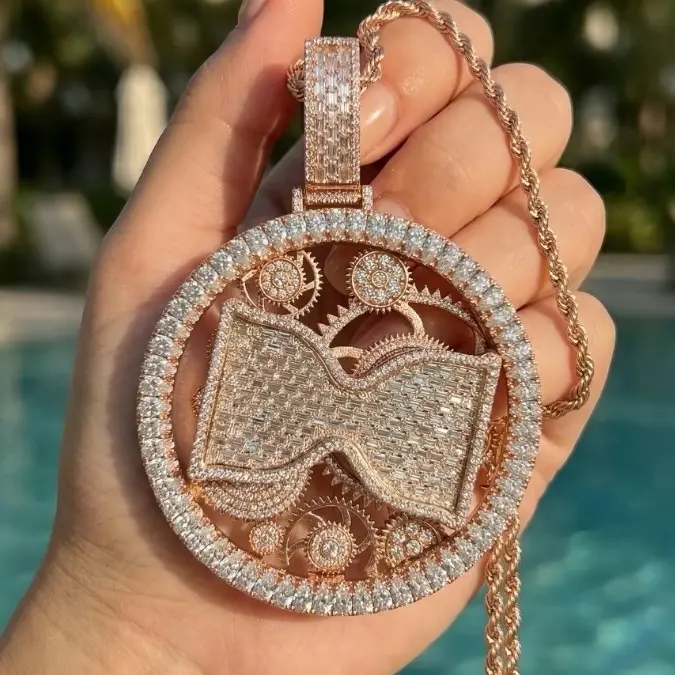 14K Gold Plated Iced Out Diamond Pendant - SPINNING HOUR GLASS PENDANT - Heavy Hip Hop Jewelry -  Includes Free 4MM Rope Chain