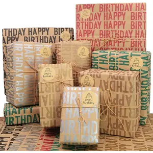 12Pcs Happy Birthday Wrapping Paper 20 x 28 inch Per Sheet (47 sq. ft. ttl.) Brown Kraft Folded Paper with Jute Strings, Stickers and Bows for Birthday Occasions - Home Improvement.