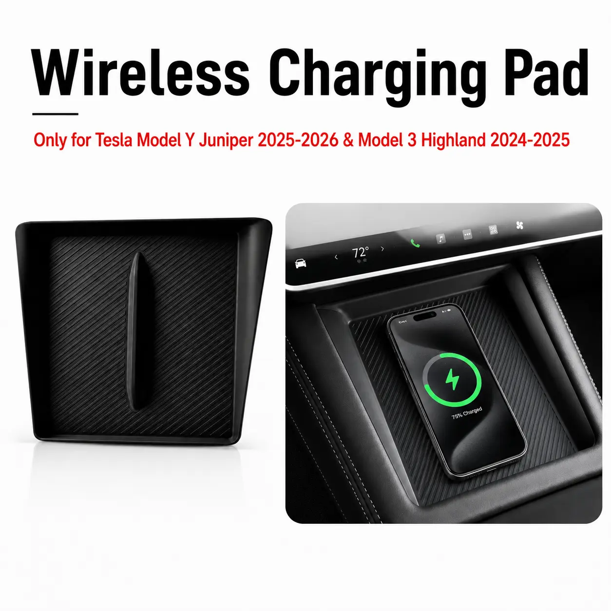 YESHAAN Black Silicone Wireless Charging Pad for Tesla Model Y Juniper 2025-2026 & Model 3 Highland 2024-2025, Anti-Slip Waterproof Center Console Phone Charging Mat, Fits White & Black Interior Car Accessories