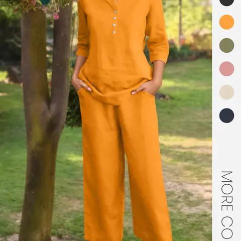 Women's Solid Woven Fabric Button Front Top & Baggy Pocket Pants Two-piece Set Outfit, Casual Everyday 3/4 Sleeve Top & Trousers for Daily Wear, Ladies Clothes for All Seasons, Womenswear