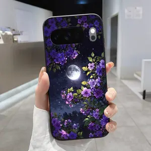 Rounded Edge TPU Phone Case for Google Pixel 10 9 8 7 Pro A XL Purple Night Flower Moon Pattern Drop Protection Shockproof Soft Liquid Silicone Smartphone Cover