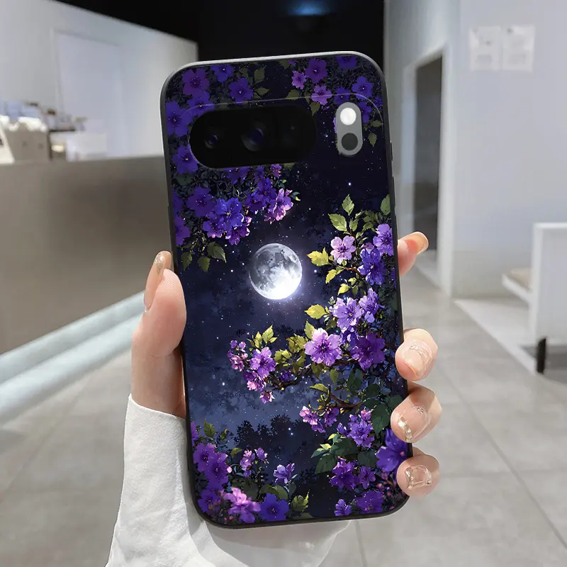 Rounded Edge TPU Phone Case for Google Pixel 10 9 8 7 Pro A XL Purple Night Flower Moon Pattern Drop Protection Shockproof Soft Liquid Silicone Smartphone Cover