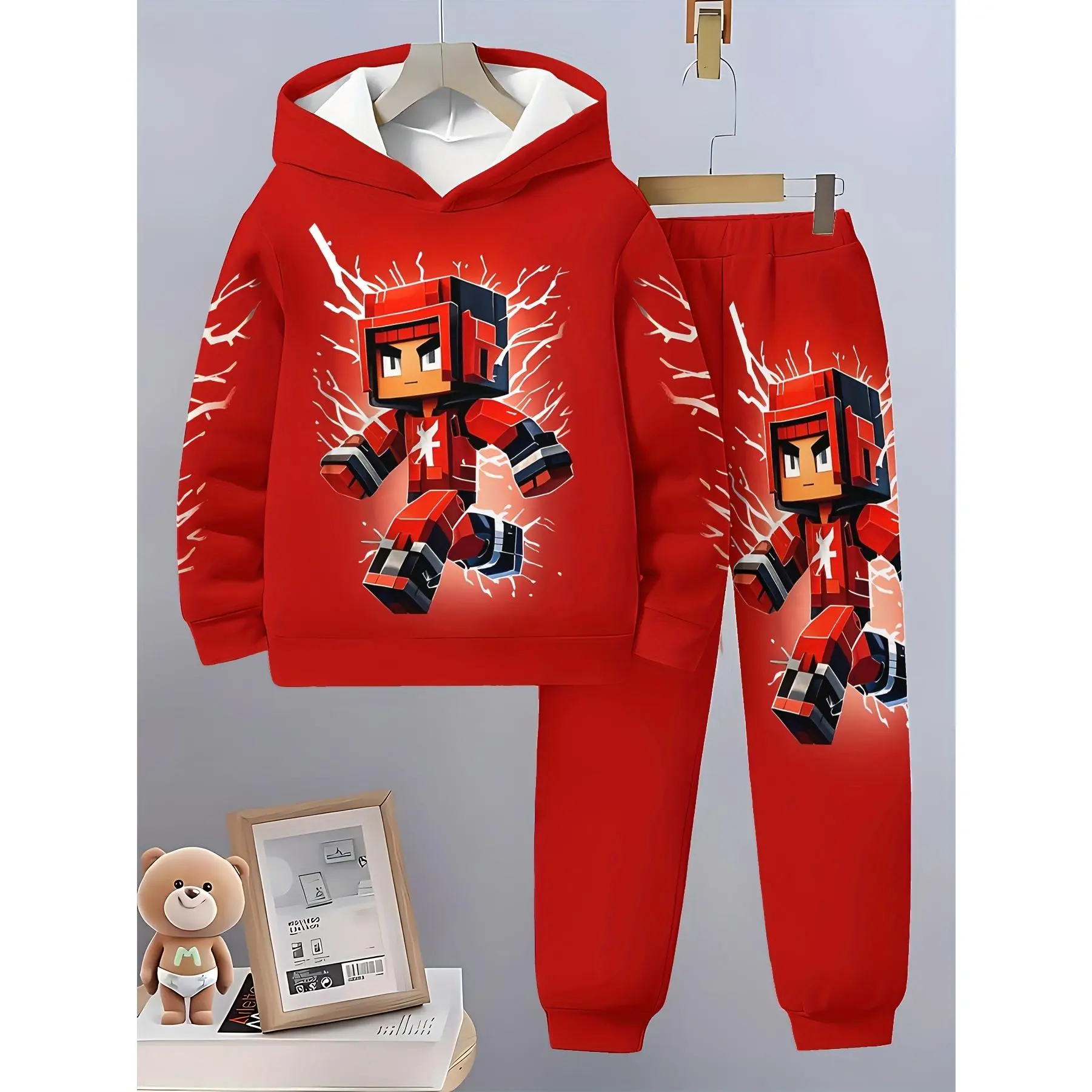 Boys' Hoodie Set, Casual 3D Print Polyester Matching Outfit, Long-Sleeve Sportswear for Spring & Autumn, Matching Outfits Boys' Sets, Random Print, Casual Wear, Hoodie Suit, 3D Print Set