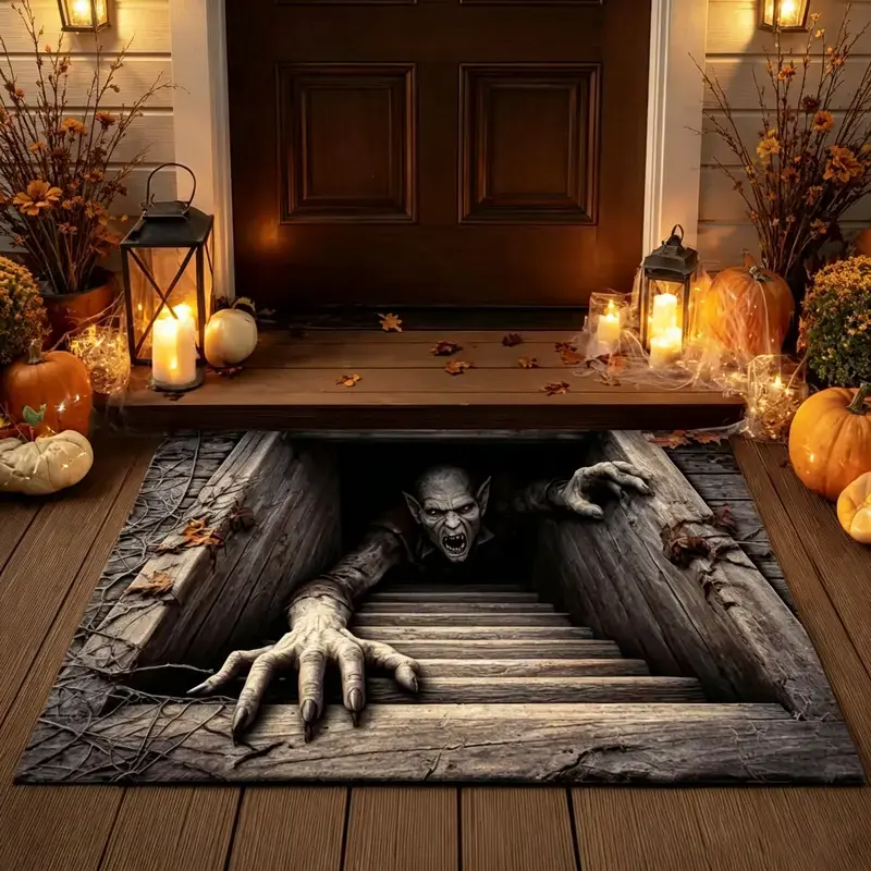 Halloween 3D Optical Illusion Door Mat - Non-Slip Backing, Spooky Depth Pattern, Soft Durable Fabric, Retro Look for Entryway Decor, Indoor Porch, Halloween & House Decor (Multiple Styles & Sizes)