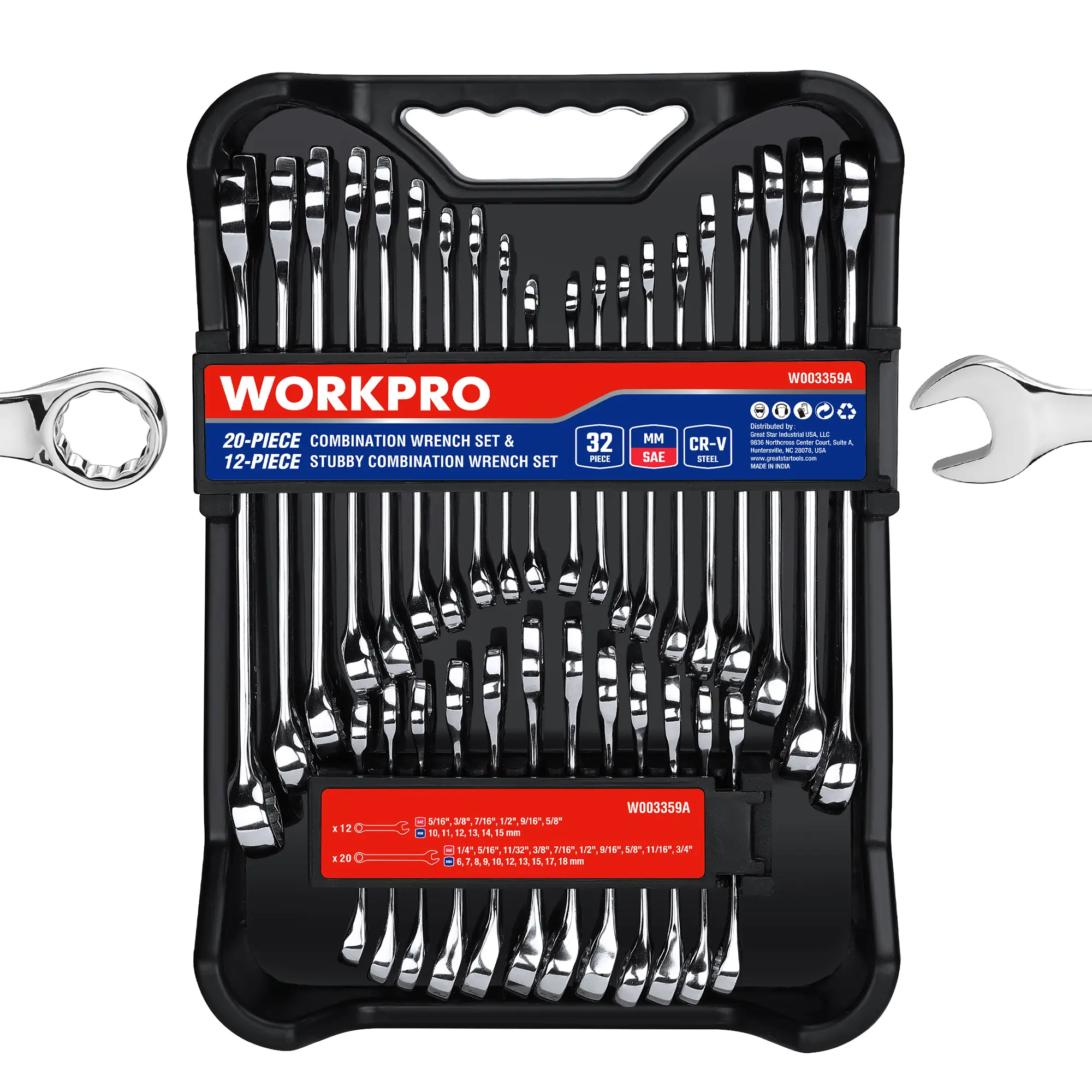 #summersale WORKPRO 32-Pack SAE & Metric Combination Wrenches Set, 20-Piece Standard wrenches and 12-Piece Stubby Wrenches with Organizer Tray, Cr-V Steel Mirror Chrome Polished