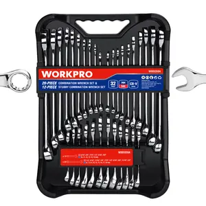 WORKPRO 32-Pack SAE & Metric Combination Wrenches Set, 20-Piece Standard wrenches and 12-Piece Stubby Wrenches with Organizer Tray, Cr-V Steel Mirror Chrome Polished