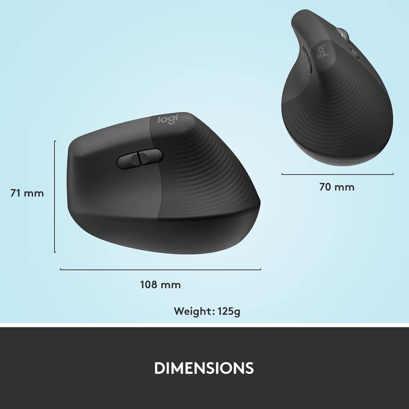 Logitech Lift Vertical Ergonomic Mouse, Wireless Bluetooth or USB Receiver, Quiet Clicks, 4 Buttons, Right Hand Wireless Mouse, Windows/macOS/iPadOS, Laptop, PC - Graphite Graphite Right-Handed Mouse