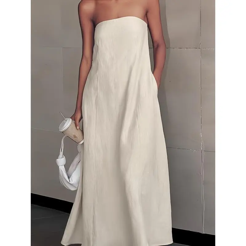 Minimally Designed Vacation Style Cotton And Linen Strapless High Waisted  Dress for Spring, New Casual Solid Color Backless Patchwork Long Dress for  Women Two Tone Set Ivory And Linen-Beige Summer Shell -