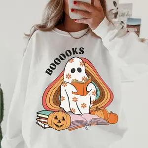 Books Ghost Sweatshirt, Halloween Crewneck Unisex, Booklover Sweatshirt, Halloween Graphic Crewneck, Cotton Pullover Spooky Season Sweater
