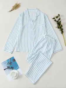 Women's Striped Print Long Sleeve Pajama Set, Comfortable Sleepwear for Ladies, Casual Nightwear for All Seasons, Loungewear