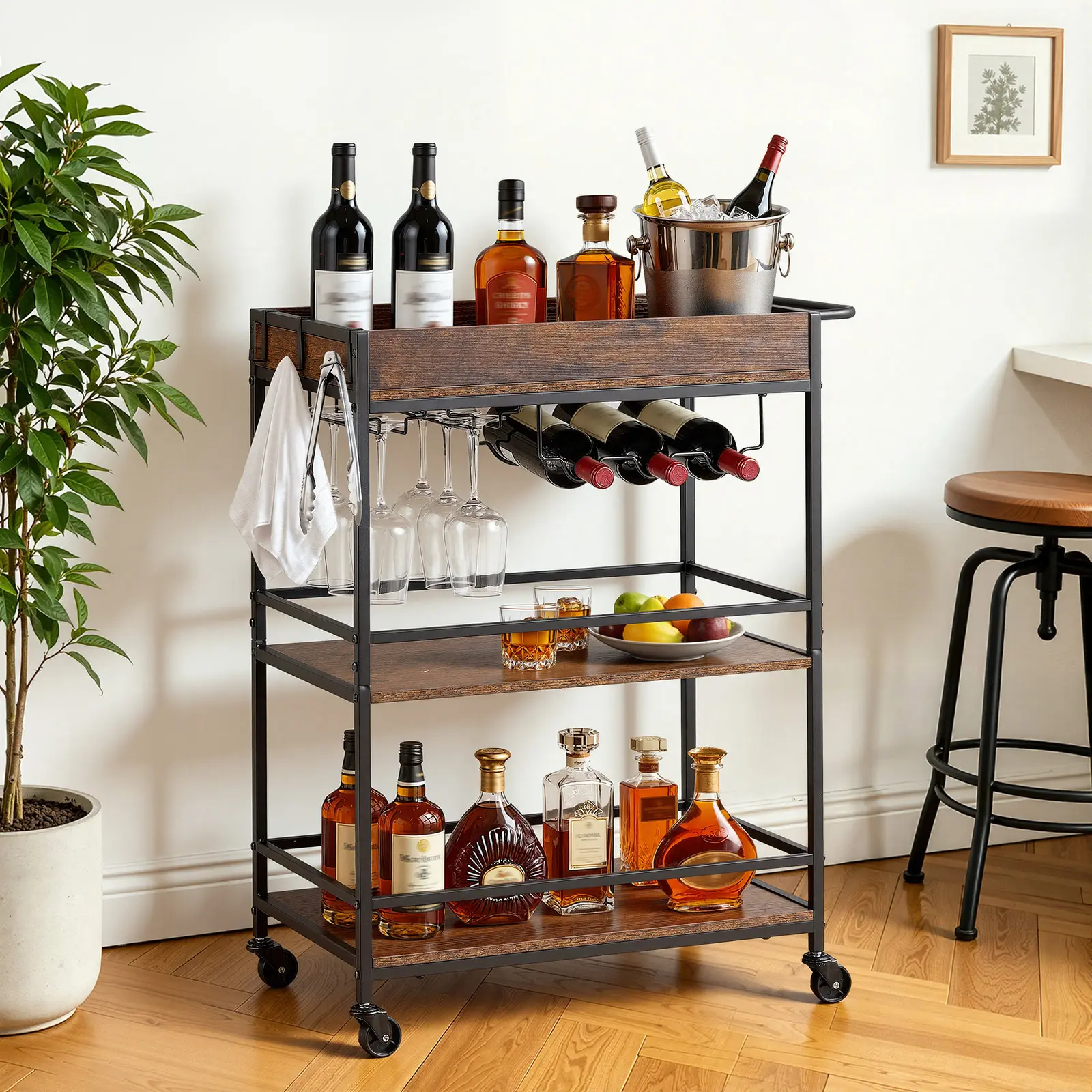 VEVOR 3-Tier Industrial Rolling Bar Cart with Metal Frame, Rolling Wheels, Wine Rack & Glass Holder, 26.77"h x 14.17"x32.68" Rustic Brown & Black Mobile Drink Storage Shelf for Home Kitchen Utility Station#BacktoSchool, Organiser, Compact