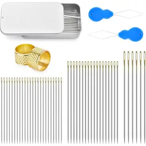 48 Pcs Small Eye Stainless Steel Sewing Needles with Threader and Thimble, Emergency Hand Sewing Kit for Leather Cotton Fabric Denim