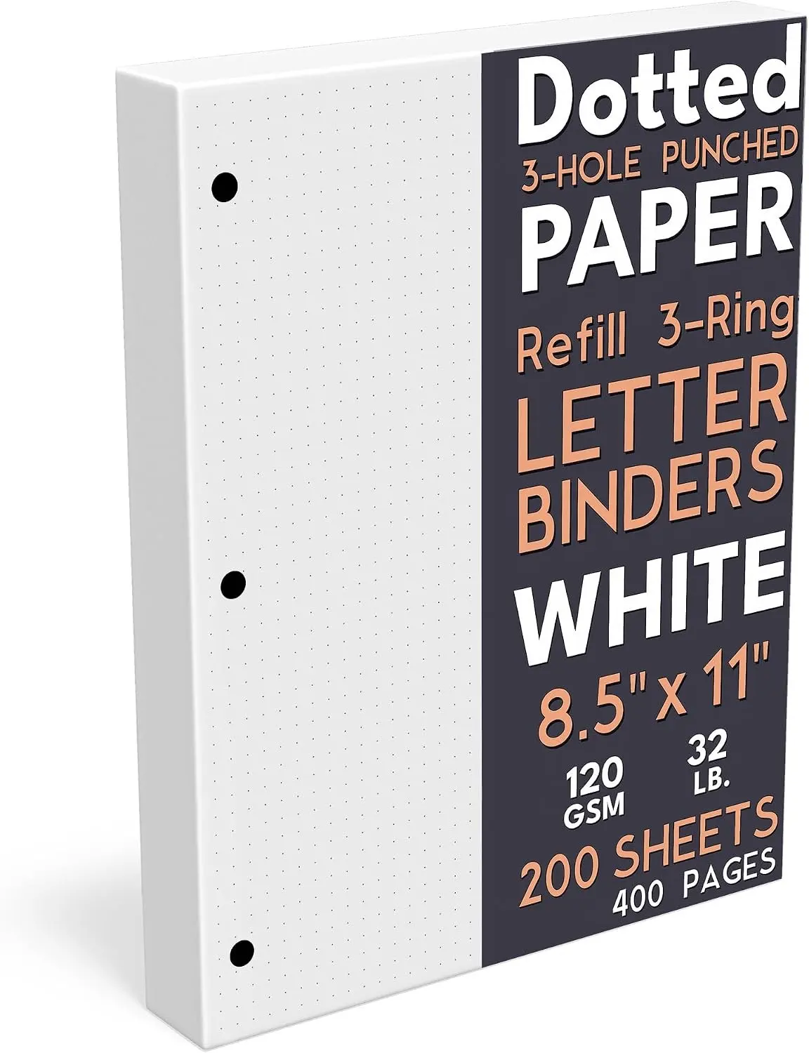 Dotted Grid Paper, Letter Size, 3-Hole Punched (Large Holes), 200 Sheets/400 Pages, 120 GSM, 8.5 x 11 inches, White, for Calligraphy, Journaling, Drawing