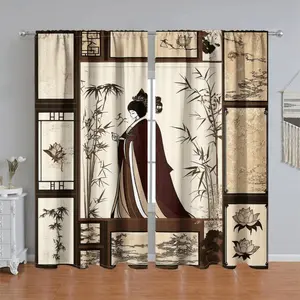 2Pcs Chinese Style Art Printed Curtain Panel, Bamboo and Lotus Pattern, Pole Pocket, Semi Sunshade Polyester Fiber, Suitable for Home Living Room, Bedroom, Balcony, Kitchen, Study Shower Window Decoration, Accessory, Anti Priva