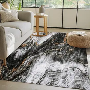 Black-white marbled flowing lines with gold accents, modern luxury style Living room rug, Abstract Area Rugs, easy to clean, Machine Washable Rug, suitable for hallway, living room 15-25 sqm, kitchen, bedroom 1.5m-1.8m single/double bed