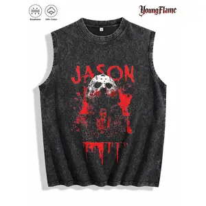 Menswear 100% Cotton Casual Retro Tank Top - Breathable Sleeveless Muscle Tee, Bloody Mask Graphic, Vintage Acid Wash Summer Vest