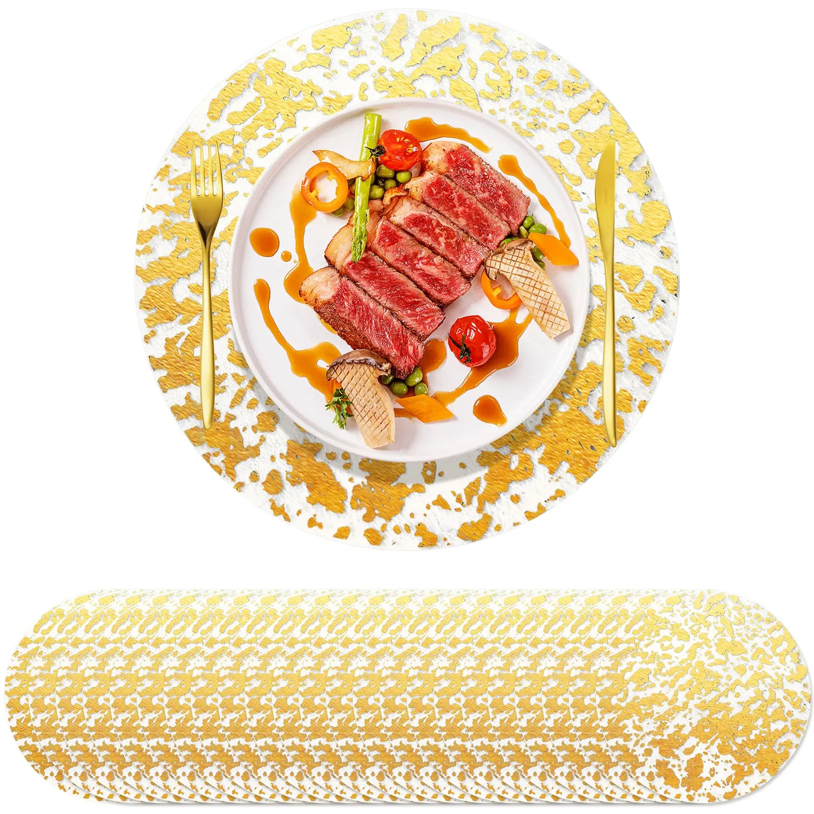 50/100/200PCS Glam Polyester Disposable Gold Placemats Set, 13-in Diameter Heat Resistant Metallic Round Foil Mesh Pressed Table Doilies for Dining Table Dish, Indoor Wedding Decor