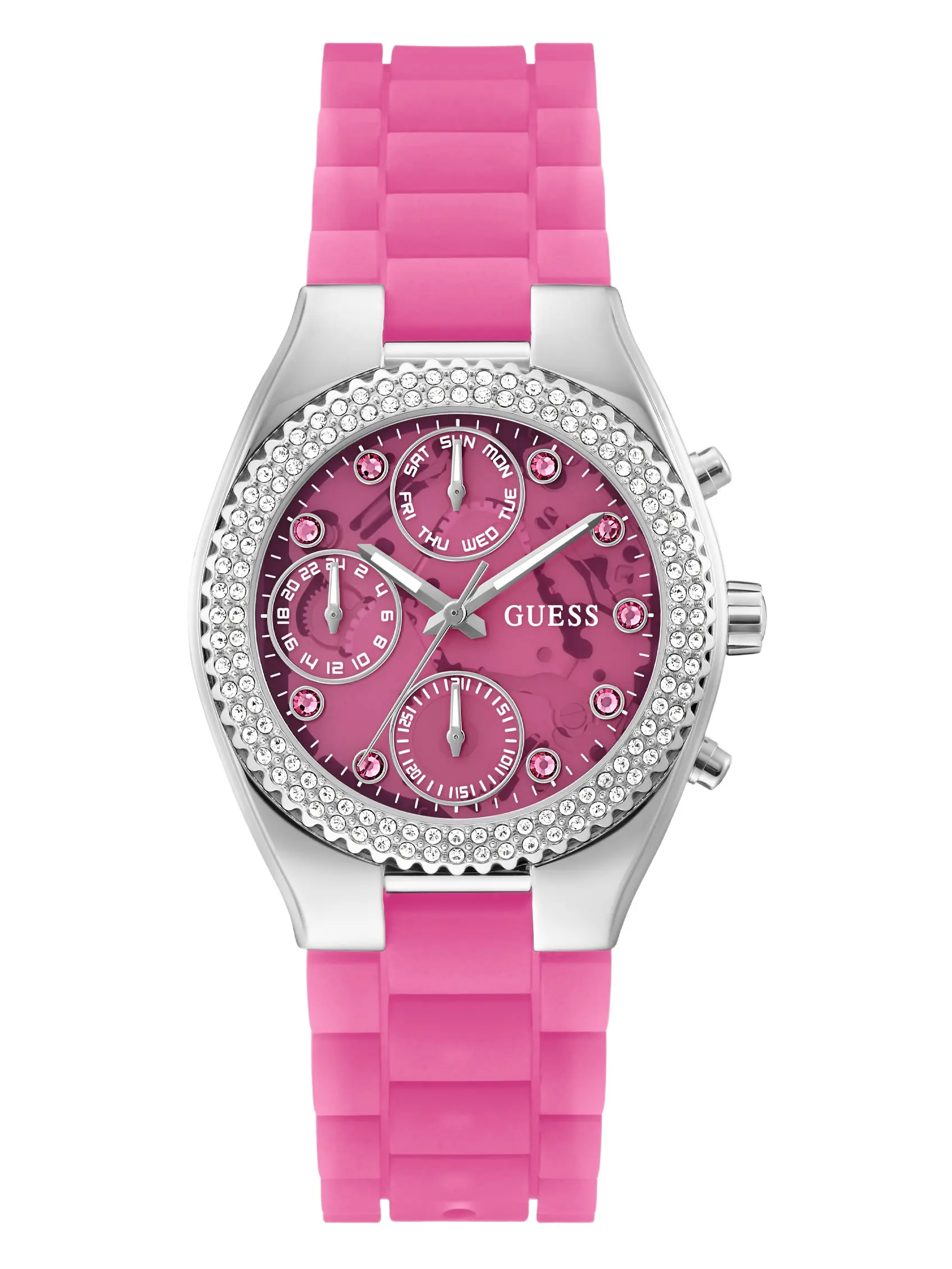 GUESS Female Pink and Silver-Tone Multifunction Watch GUESS Female Pink and Silver-Tone Multifunction Watch