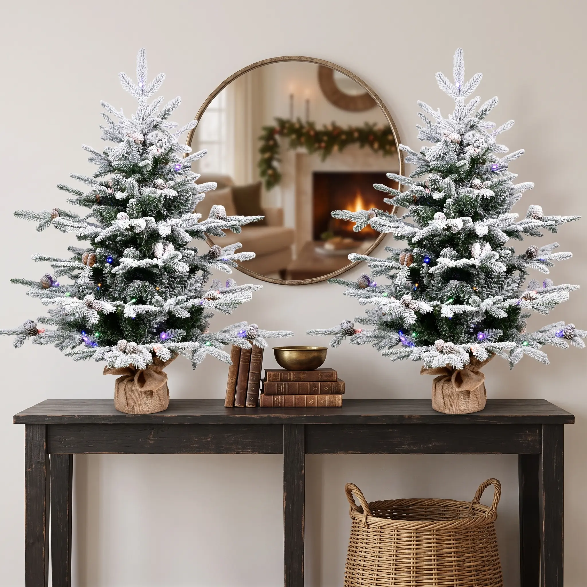3ft Tabletop Christmas Tree with 100 Dual-Color LEDs & 528 Dense Tips, Premium Mini PE/PVC Xmas Tree with Weighted Cement Base & 26 Natural Pine Cones