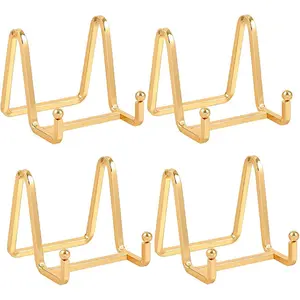 Plate Holder Easel Display Stand - 3 inch Metal Plate Stands for Display - Tabletop Picture Stand - Gold Iron Easels for Display Pictures|   Photo Frames|   Book|   Decorative Plates|   Plaque - 4 Pack