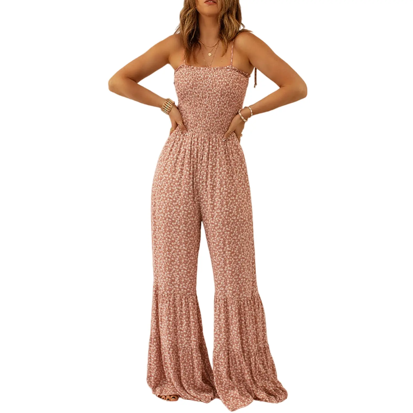 Asvivid Women’s Boho Thin Straps Smocked Bodice Wide Leg Shirred Floral Jumpsuit Rompers Wideleg Overalls Womenswear sohochic
