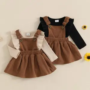 Newborn Infant Baby Girl Skirt Set Ruffle Long Sleeve Knit Romper Corduroy Suspender Dress Skirt Fall Winter Clothes(Sheet)