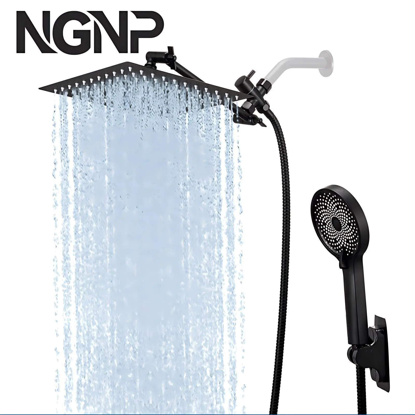 NGNP Shower Head,10 Inch High Pressure Rain Shower Head with Handheld Spray Combo, Adjustable Dual Rainfall Shower Head - Showerhead Comb Set with Extension Arm - 60 Inch Long Shower Hose
