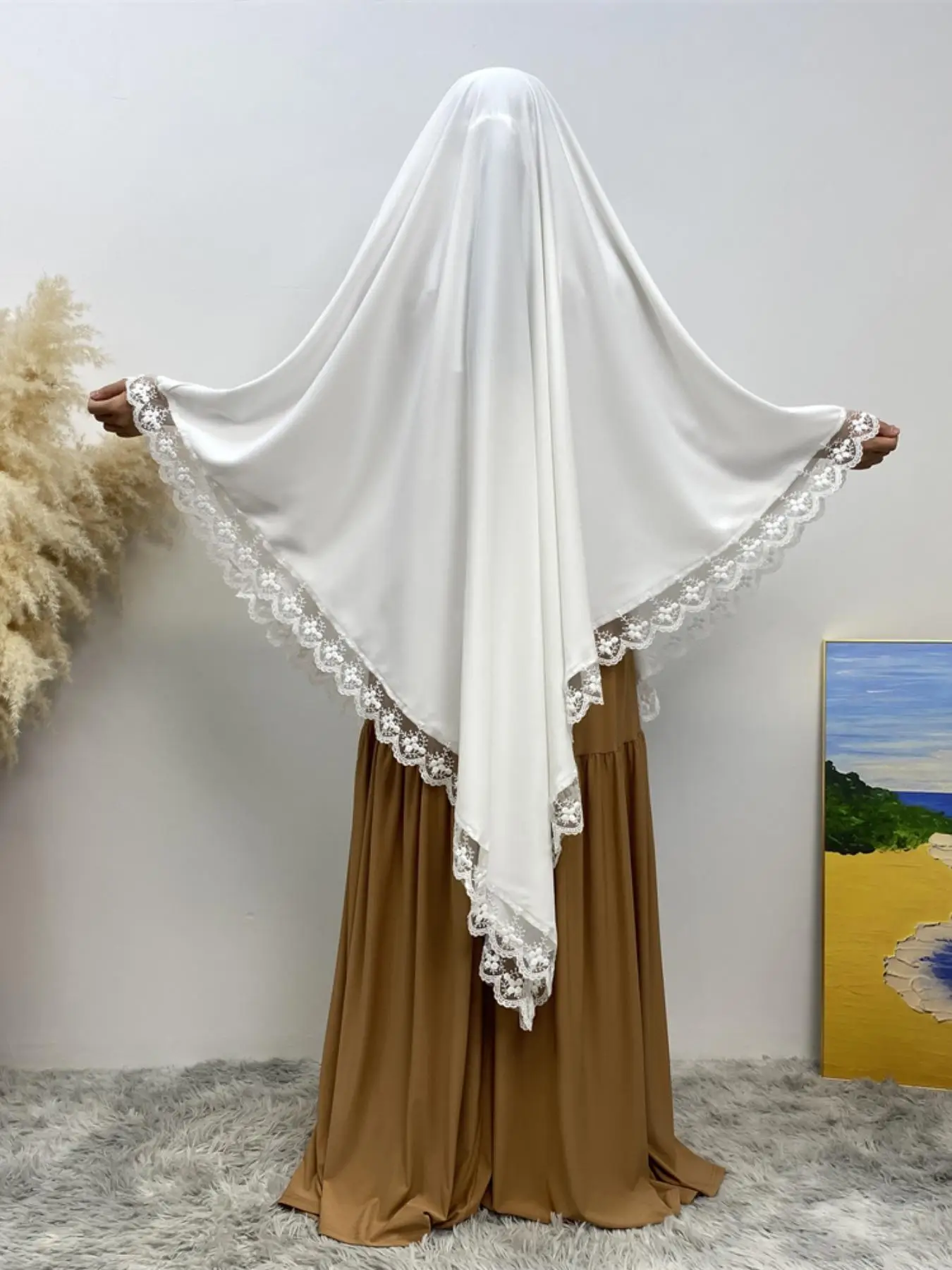 Women's Patchwork Contrast Lace Trim Instant Hijab, Casual Soft Comfortable Breathable Hijab for Daily Wear, Women's Islamic Clothing for All Seasons